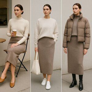 Greylin Women’s Taupe Knit Midi Skirt S – Quiet Luxury Soft Neutral Minimalist